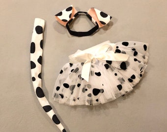 Baby Elastic Headband Ears, Tail, and Tutu for Infants Dalmatian Puppy Dog Ears black white spots Dalmation Halloween costume babies newborn