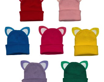 Beanie Hat with Ears Tutu or Tail Cat Kitten Kitty Ears kid child children adult costume colorful Pink Blue Yellow Purple Green Orange Red