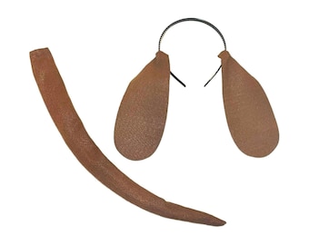 May include: A brown dog costume set consisting of a thin black headband with two long, rounded brown fabric ears attached to the sides, and a separate long, curved brown fabric tail with a textured surface finish.