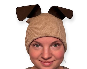 Puppy Dog Ears Mix and Match Beanie Hat Halloween Costume Fits Most Adults Kids Variety Colors Warm Ski Skull Cap Bendable Ears Brown Tan