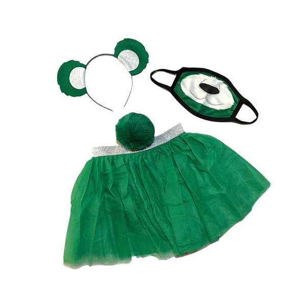 Kelly Green Headband Tutu Tail Face Mask Bear Ears birthday party favors women womans girl costume care colorful baby babies kid child adult