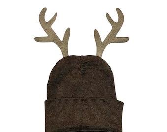 Cream Antlers deer elk reindeer Hat warm Brown knit skull cap birthday Rudolf child kids adult animal woodland Christmas Halloween Costume