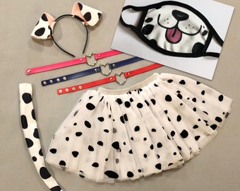 Dalmatian Ears Tutu Collar Face Mask Dalmation black and white spots Puppy Dog headband Halloween costume tail newborn baby adult children