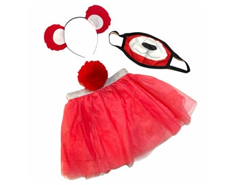 Red Headband Tutu Tail FaceMask Bear Ears birthday party favors womens womans girls costume care colorful baby babies kid child adult