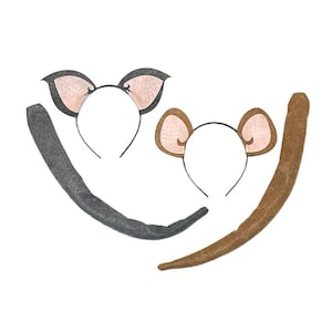 May include: Two sets of animal costume accessories, each including a headband with felt ears and a matching tail. One set is dark gray with light pink inner ears, and the other set is brown with light pink inner ears.