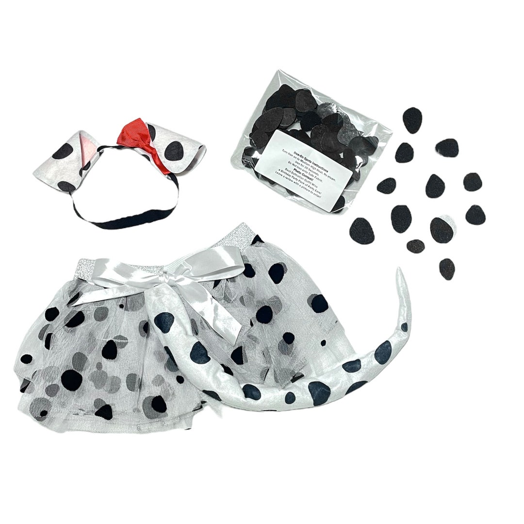 Dalmatian Dog Costume Set For Girls - 5pc Includes Headband, Bowtie, Tail, Gloves, Tutu (Dots Pattern)