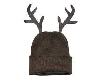 Brown Antlers deer elk reindeer Hat warm knit skull cap birthday party Rudolf child kids adult animal woodland Christmas Halloween Costume