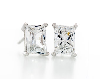 Rectangle Shape Princess Baguette Diamond Cut Crystal White 6.5x4.5 - 8x6mm CZ 925 Sterling Silver Heavy Mounting Stud Earrings