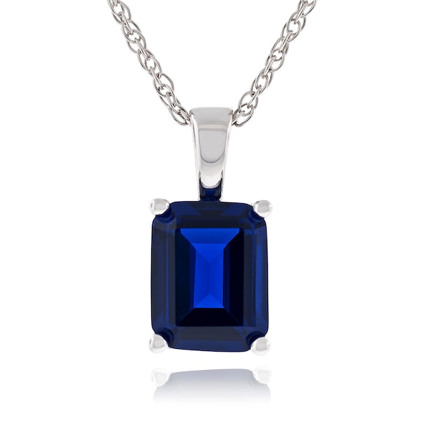 925 Silver Octagon Shape Emerald Step-Cut 9x7mm -10x8mm Synthetic Blue Sapphire Pendant with 18" Rope Chain Necklace Rhodium Plated