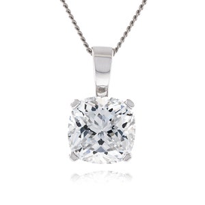 925 Sterling Silver Cushion Diamond Cut 7.5x7.5mm - 8x8mm Crystal White CZ Pendant with 18" Diamond-Cut Curb Chain Necklace Rhodium Plated