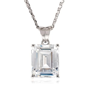 925 Silver Top Grade Step Cut Octagon 10x8-11x9mm Simulated Diamond CZ Pendant with 18" Double Row Diamond Cut Chain Necklace Rhodium Plated