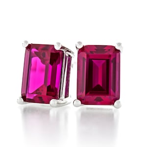 Octagon Shape Diamond Cut 7x5 - 9x7mm Created Ruby 925 Sterling Silver Heavy Mounting Stud Earrings Rhodium Plated
