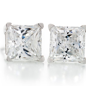 Square Shape Princess Diamond Cut Crystal White 5.5x5.5 - 6.5x6.5mm CZ 925 Sterling Silver Heavy Mounting Stud Earrings Rhodium Plated