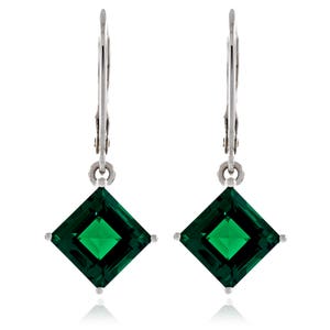 Gems Cut Square 7x7mm -7.5x7.5mm Simulated Emerald Nano Gems  925 Sterling Silver Leverback Dangle Earrings Rhodium Plated