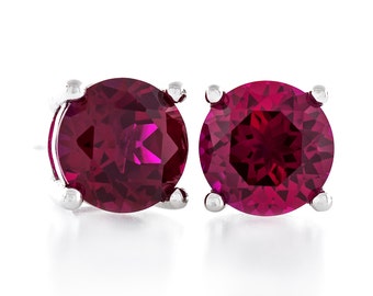 Round Diamond Cut 6mm - 7mm Created Ruby 925 Sterling Silver Heavy Mounting Stud Earrings Rhodium Plated