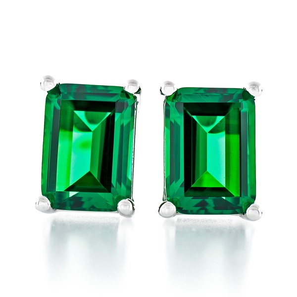Octagon Shape Diamond Cut 7x5 - 10x8mm Synthetic Emerald 925 Sterling Silver Heavy Mounting Stud Earrings Rhodium Plated