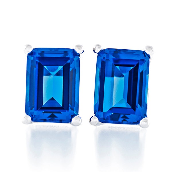 Octagon Shape Diamond Cut Swiss Blue Topaz Color 7x5 - 8x6mm Crystal Stone 925 Sterling Silver Heavy Mounting Stud Earrings Rhodium Plated