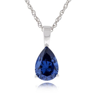 925 Sterling Silver 2.00 Carat Pear Shape Fancy Diamond Cut 10x7mm Tanzanite Color CZ Pendant with 18" Rope Chain Necklace Rhodium Plated