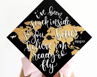 Graduation Cap Decoration | Ready To Fly | Map | Plane | Travel | Adventure | Grad Cap Toppers | Grad Gifts