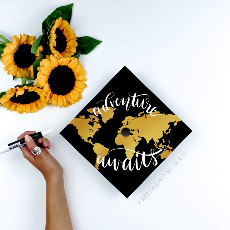 Traceable Grad Cap Adventure Awaits Graduation Cap Decal | World Map Design - Etsy