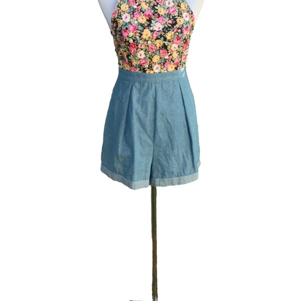 FREE SHIPPING Handmade Denim & Floral Jumpsuit, Summer Festival Outfit. ED Fashion Womens Romper, Unique Playsuit Size Medium. Baggy Shorts.