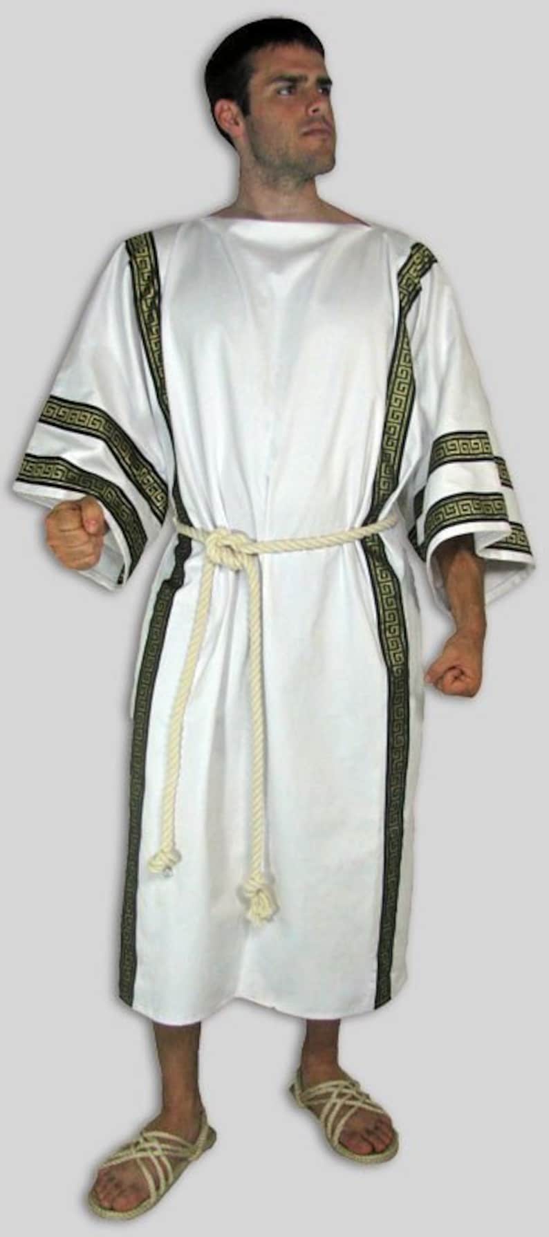 Ancient Greek Julius Caesar Costume - trimmed tunic, belt, rope sandals 