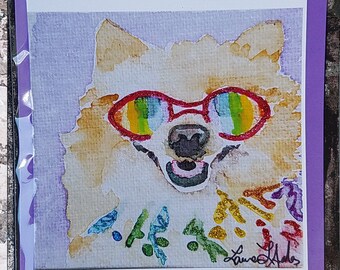 Pomeranian Rainbow Glitter blank greeting card