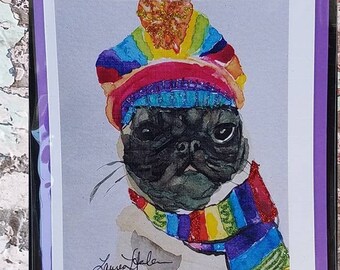 Rainbow Glitter Pug blank greeting card