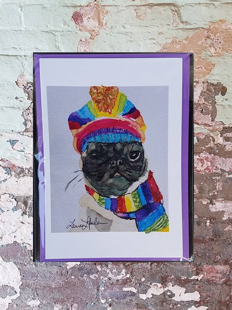 Rainbow Glitter Pug blank greeting card image 1