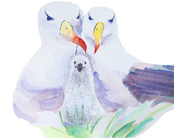 Albatrosses watercolor print for mothers' day, lesbian couple