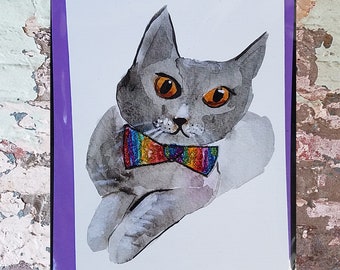 Gray Cat Rainbow Glitter blank greeting card