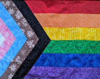 Handmade patterned gay, queer, inclusion progress flag banner