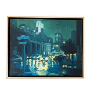 Framed Impressionistic Cityscape Oil Painting of a Rainy Evening, &quot;City in Yellow and Green,&quot; by Bay Area Artist Erica Norelius.