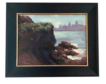 Plein Air Bay Area Painting, "San Francisco in the Distance," Framed Oil Painting on Panel by Erica Norelius
