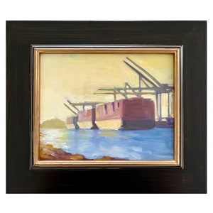 Stunning Painting of Port of Oakland by Bay Area Artist Erica Norelius. &quot;Sunset on the Estuary,&quot; Oil on Panel, 8 x 10 inches plus frame.