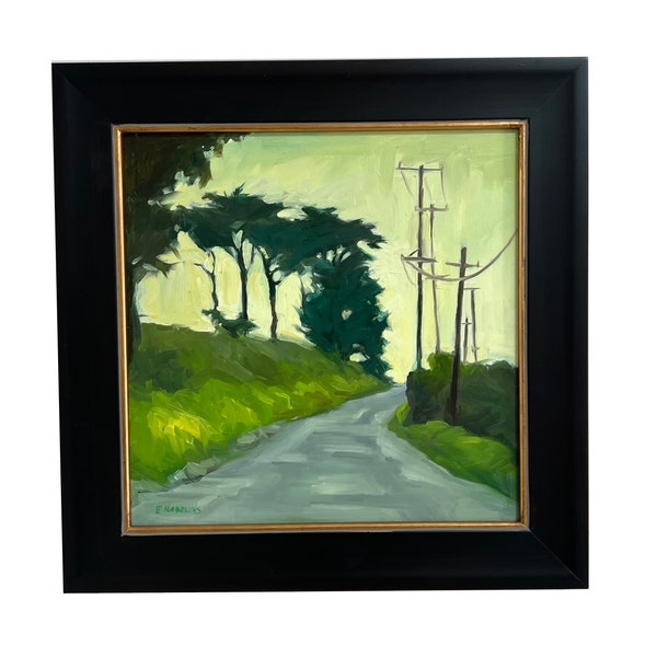 Beautiful painting in hues of green showcasing an “Old Coastal Road,” by award winning artist Erica Norelius.