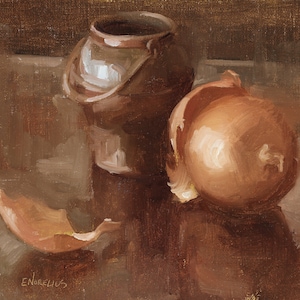Original Still Life Oil Painting in Browns &quot;Onion and Copper Pot,&quot; by Erica Norelius