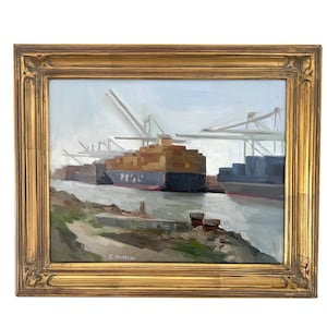 Bay Area Original Oil Painting, &quot;Cargo Ships,&quot; by Erica Norelius