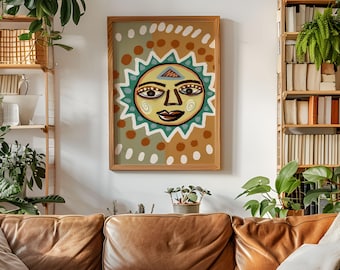 Arte de pared bohemio ecléctico, arte imprimible, descarga digital, decoración boho, ilustración abstracta, sol imprimible