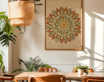 Mandala zum Ausdrucken, Boho Wandkunst, druckbare Kunst, digitaler Download, Spiritualität, Achtsamkeit Geschenk, Boho Decor, orange, petrol, rot