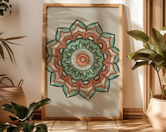 Mandala zum ausdrucken, Boho Wandkunst, druckbare Kunst, digitaler Download, Spiritualität, Achtsamkeit Geschenk, Boho Decor, orange, türkis
