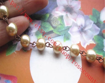 Antiqued copper links-1pcs 8mm cream glass pearl ball link chains