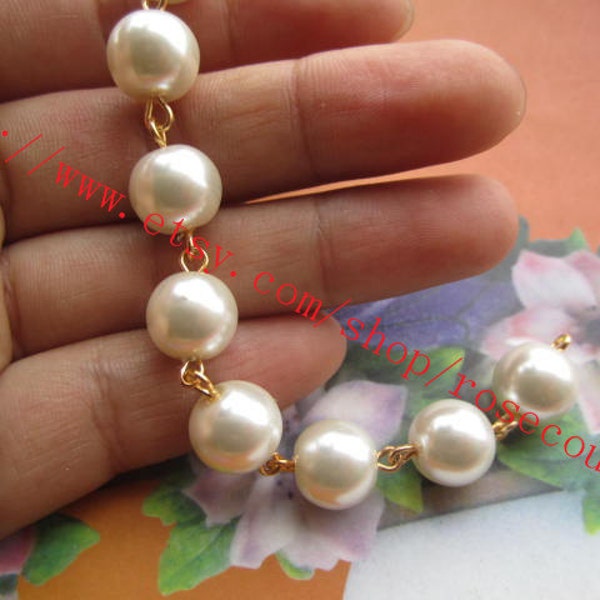 1pcs 10mm White glass pearl ball link chains--Gold Plated links