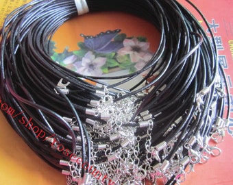 Wholesale 100pcs 12-36 inch 2mm Black real leather cord necklace with lobster clasps plus 2 inch extender