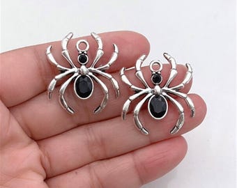 Antiqued Silver Spider Charms with Black and Red Diamonds (10pcs)