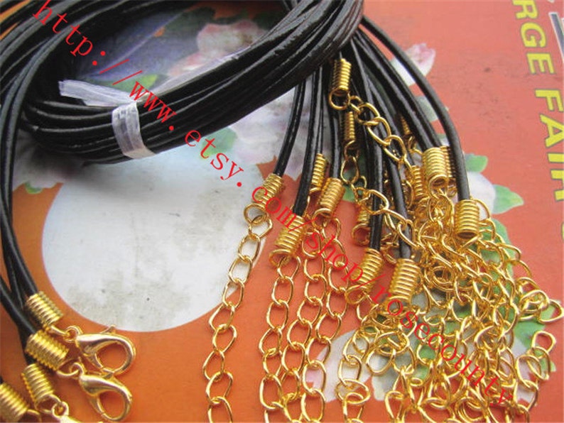 Wholesale 100pcs 18 inch 2mm Black real leather cord necklace with Gold plated lobster clasps plus 2 inch extender image 3