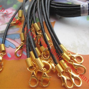 Wholesale 100pcs 18 inch 2mm Black real leather cord necklace with Gold plated lobster clasps plus 2 inch extender Black