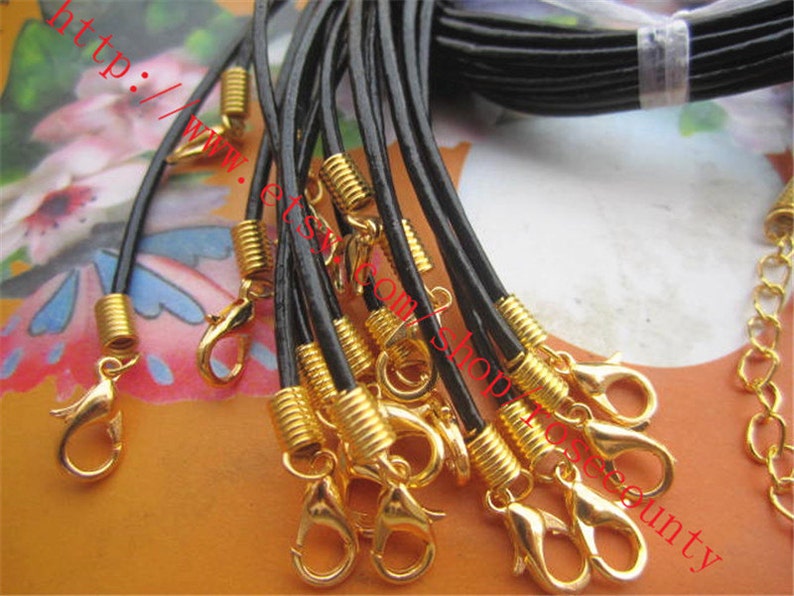 Wholesale 100pcs 18 inch 2mm Black real leather cord necklace with Gold plated lobster clasps plus 2 inch extender Black