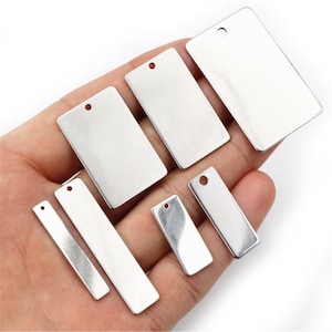 20pcs  Silver Stainless steel rectangular pendant, smooth finish, single hole tag charms