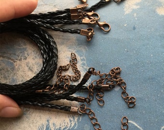 Wholesale 50pcs black 3mm thickness faux braided leather necklace cords with antiqued copper lobster clasps